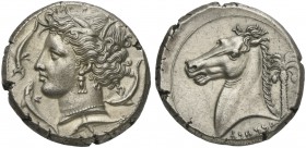 The Carthaginians in the Mediterranean, Sicily, Entella, Tetradrachm, ca. 320-300 BC; AR (g 17,24; mm 25; h 3); Head of Tanit l.; around, four dolphin...