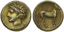 The Carthaginians in the Mediterranean, Africa, Carthage, Stater, ca. 290-270 BC; EL (g 7,38; mm 19; h 12); Head of Tanit l., Rv. Horse standing r. MA...