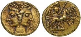The Carthaginians in the Mediterranean, Campania, Capua, 3/8 Shekel, ca. 216-211 BC; EL (g 2,97; mm 14; h 12); Janifom head of Tanit, Rv. Jupiter in f...