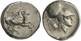Acarnania, Leucas, ‘Corinthian standard’ Stater, ca. 350-330 BC; AR (g 8,20; mm 20; h 11)
; Pegasos flying r.; below, Λ, Rv. Helmeted head of Athena r...