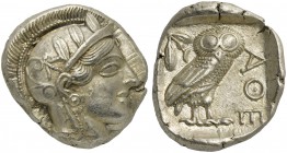 Attica, Athens, Tetradrachm, after 449 BC; AR (g 17,19; mm 25; h 6); Head of Athena r., wearing crested Attic helmet decorated with three olive leaves...