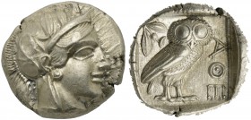Attica, Athens, Tetradrachm, after 449 BC; AR (g 17,16; mm 24; h 6); Head of Athena r., wearing crested Attic helmet decorated with three olive leaves...