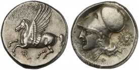 Corinthia, Corinth, Stater, ca. 450-415 BC; AR (g 8,61; mm 20; h 6); Pegasos flying l.; below, Ϙ, Rv. Helmeted head of Athena l.; behind, facing head ...