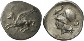 Corinthia, Corinth, Stater, ca. 405-345 BC; AR (g 8,31; mm 24; h 12); Pegasos flying l.; below, Ϙ, Rv. Helmeted head of Athena l.; above, dolphin; beh...