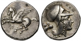 Corinthia, Corinth, Stater, ca. 400-375 BC; AR (g 8,70; mm 21; h 6); Pegasos flying l.; below, Ϙ, Rv. Helmeted head of Athena r.; double-bodied owl be...