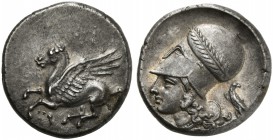 Corinthia, Corinth, Stater, ca. 375-300 BC; AR (g 8,63; mm 21; h 3); Pegasos flying l.; below, Ϙ, Rv. Helmeted head of Athena l., helmet decorated wit...