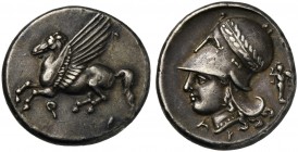 Corinthia, Corinth, Stater, ca. 375-300 BC; AR (g 8,56; mm 21; h 9); Pegasos flying l.; below, Ϙ, Rv. Helmeted head of Athena l., helmet decorated wit...