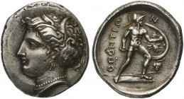 Locris, Locri Opuntii, Stater, ca. 369-338 BC; AR (g 12,21; mm 26; h 12); Head of Demeter l., Rv. OΠONTIΩ - N, Ajax (son of Oillus), advancing r., hol...
