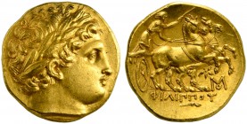 Kings of Macedon, Abydos, Stater in the name of Philip II, ca. 323-317 BC; AV (g 8,58; mm 19; h 4); Laureate head r., as Apollo, Rv. Charioteer drivin...