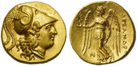 Kings of Macedon, Sidon, Stater in the name of Alexander III, ca. 321-320 BC; AV (g 8,60; mm 17; h 12); Head of Athena r., wearing crested Corinthian ...