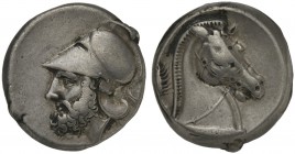Anonymous, Didrachm, Neapolis (?), ca. 310-300 BC; AR (g 7,18; mm 18; h 4); Helmeted head of Mars l.; behind, oak-spray, Rv. Horse’s head r., on base ...