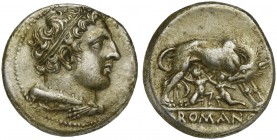 Anonymous, Didrachm, Neapolis (?), after 276 BC; AR (g 6,89; mm 21; h 9); Head of Hercules r., hair bound with ribbon, with club and lion’s skin over ...