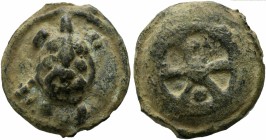 Anonymous, Cast Sextans, Rome, ca. 230 BC; AE (g 37,28; mm 33; h /); Tortoise, Rv. Six-spoked wheel; between spokes, °°. Crawford 24/7; ICC 71.
Green ...