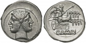 Anonymous, Quadrigatus, Rome, from 269 BC; AR (g 6,61; mm 23; h 6); Laureate head of Fontus, Rv. Jupiter in quadriga driven by Victory r., holding sce...
