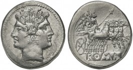 Anonymous, Quadrigatus, Rome, from 269 BC; AR (g 6,65; mm 22; h 6); Laureate head of Fontus, Rv. Jupiter in quadriga driven by Victory r., holding sce...