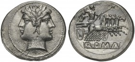Anonymous, Quadrigatus, Rome, from 269 BC; AR (g 6,48; mm 23; h 6); Laureate head of Fontus, Rv. Jupiter in quadriga driven by Victory r., holding sce...