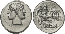 Anonymous, Quadrigatus, Rome, from 269 BC; AR (g 6,46; mm 23; h 6); Laureate head of Fontus, Rv. Jupiter in quadriga driven by Victory r., holding sce...