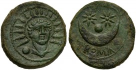 Anonymous, Uncia, Rome, ca. 217-215 BC; AE (g 12,78; mm 24; h 11); Draped bust of Sol facing; on l., °, Rv. Crescent; above, ° between two stars; belo...