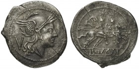 Anonymous, Quinarius, Rome, after 215-214 BC; AR (g 2,15 ; mm 17 ; h 8 ); Helmeted head of Roma r.; behind, V, Rv. The Dioscuri galloping r.; in ex. R...