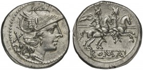 Anonymous, Denarius, Rome, after 215-214 BC; AR (g 3,96; mm18; h 12); Helmeted head of Roma r.; behind, X, Rv. The Dioscuri galloping r.; in ex. ROMA....