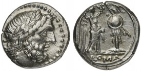 Anonymous, Victoriatus, Sicily, ca. 211-208 BC; AR (g 3,32; mm 16; h 3); Laureate head of Jupiter r., Rv. Victory standing r., crowning trophy; in ex....