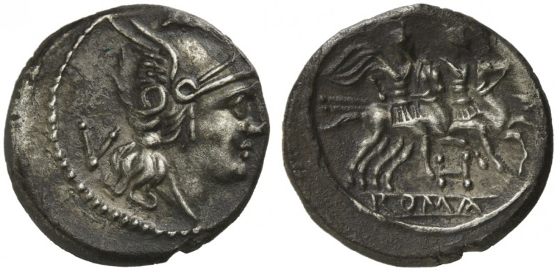 H series, Quinarius, South East Italy, ca. 211-210 BC; AR (g 2,20; mm 15; h 2); ...