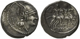 H series, Quinarius, South East Italy, ca. 211-210 BC; AR (g 2,20; mm 15; h 2); Helmeted head of Roma r.; behind, V, Rv. The Dioscuri galloping r.; be...