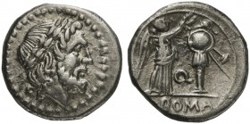 Q series, Victoriatus, Apulia, ca. 211-210 BC; AR (g 3,42; mm 16; h 4); Laureate head of Jupiter r., Rv. Victory r., crowning trophy; between, Q; in e...