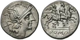 Trident series, Denarius, Rome, ca. 206-195 BC; AR (g 3,75; mm 18; h 3); Helmeted head of Roma r.; behind, X, Rv. The Dioscuri galloping r.; below, tr...