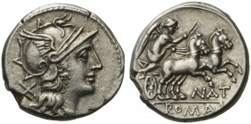 Pinarius Natta, Denarius, Rome, 155 BC; AR (g 4,07; mm 18; h 8); Helmeted head of Roma r.; behind, X, Rv. Victory in biga r., holding whip and reins; ...