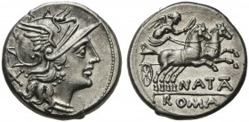 Pinarius Natta, Denarius, Rome, 149 BC; AR (g 3,88; mm 17; h 12); Helmeted head of Roma r.; behind, X, Rv. Victory in biga r., holding reins and whip;...