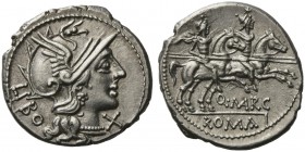 Q. Marcius Libo, Denarius, Rome, 148 BC; AR (g 3,93; mm 18; h 3); Helmeted head of Roma r.; behind, LIBO; before, X, Rv. The Dioscuri galloping r.; be...