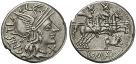 C. Antestius, Denarius, Rome, 146 BC ; AR (g 3,61; mm 19; h 6); Helmeted head of Roma r.; behind, C ANTESTI; before, *, RV. Dioscuri r.; below puppy r...