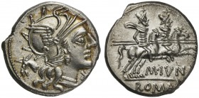 M. Junius Silanus, Denarius, Rome, 145 BC ; AR (g 3,85; mm 18; h 3); Helmeted head of Roma r.; before, X; behind, ass head, Rv. The Dioscuri galloping...