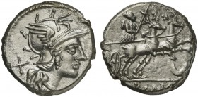 Anonymous, Denarius, Rome, 143 BC; AR (g 3,68; mm 17; h 1); Helmeted head of Roma r.; behind, X, Rv. Diana, with quiver on shoulder, in biga of stags ...