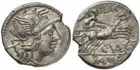 C. Valerius C.f. Flaccus, Denarius, Rome, 140 BC; AR (g 4,11; mm 19; h 1); Helmeted head of Roma r.; behind, X, Rv. Victory in biga r., holding whip a...