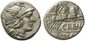 C. Renius, Denarius, Rome, 138 BC; AR (g 3,92; mm 16; h 6); Helmeted head of Roma r.; behind, X, Rv. Juno in biga of goats r.; below, C RENI; in ex. R...