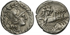 Cn. Gellius, Denarius, Rome, 138 BC; AR (g 3,94; mm 19; h 3); Helmeted head of Roma r.; behind, X; laurel-wreath as border, Rv. Warrior (Mars ?) in qu...