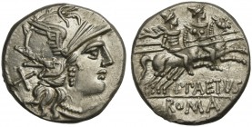 P. Aelius Paetus, Denarius, Rome, 138 BC; AR (g 3,92; mm 18; h 9); Helmeted head of Roma r.; behind, X, Rv. The Dioscuri galloping r.; below, P PAETVS...