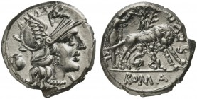 Sex. Pompeius Fostlus, Denarius, Rome, 137 BC; AR (g 4,03; mm 18; h 3); Helmeted head of Roma r.; behind, jug; before, X, Rv. She-wolf r., suckling tw...