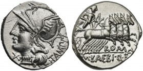 M. Baebius Q.f. Tampilus, Denarius, Rome, 137 BC; AR (g 3,96; mm 18; h 6); Helmeted head of Roma l.; behind, TAMPIL; before, X, Rv. Apollo in quadriga...