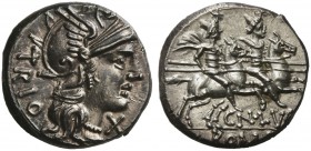 Cn. Lucretius Trio, Denarius, Rome, 136 BC; AR (g 3,99; mm 17; h 6); Helmeted head of Roma r.; behind, TRIO; before, X, Rv. The Dioscuri galloping r.;...
