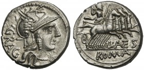 L. Antestius Gragulus, Denarius, Rome, 136 BC; AR (g 3,85; mm 18; h 6); Helmeted head of Roma r.; before, *; behind, GRAG, Rv. Jupiter in quadriga r.,...