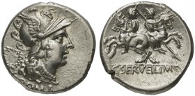 C. Servilius M.f., Denarius, Rome, 136 BC; AR (g 4,02; mm 19; h 4); Helmeted head of Roma r.; behind, wreath and *; below, ROMA, Rv. The Dioscuri ridi...