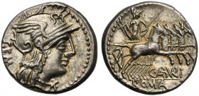 C. Aburius Geminus, Denarius, Rome, 134 BC; AR (g 3,97; mm 18; h 10); Helmeted head of Roma r.; behind, GEM; before, *, Rv. Mars in quadriga r., holdi...