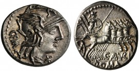 C. Aburius Geminus, Denarius, Rome, 134 BC; AR (g 3,97; mm 19; h 9); Helmeted head of Roma r.; behind, GEM; before, *, Rv. Mars in quadriga r., holdin...