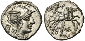 M. Marcius Mn.f., Denarius, Rome, 134 BC; AR (g 3,84; mm 18; h 9); Helmeted head of Roma r.; before, *; behind, modius, Rv. Victory in biga r., holdin...
