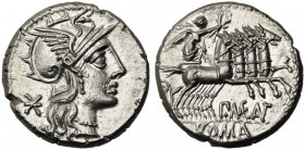 P. Maenius M.f. Antiaticus, Denarius, Rome, 132 BC; AR (g 3,96; mm 19; h 9); Helmeted head of Roma r.; behind, *, Rv. Victory in quadriga r., holding ...