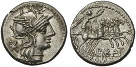 P. Maenius M.f. Antiaticus, Denarius, Rome, 132 BC; AR (g 3,85; mm 19; h 9); Helmeted head of Roma r.; behind, *, Rv. Victory in quadriga r., holding ...