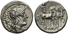 M. Vargunteius, Denarius, Rome, 130 BC; AR (g 3,92; mm 18; h 2); Helmeted head of Roma r.; before, *; behind, M VARG, Rv. Jupiter in quadriga r., hold...